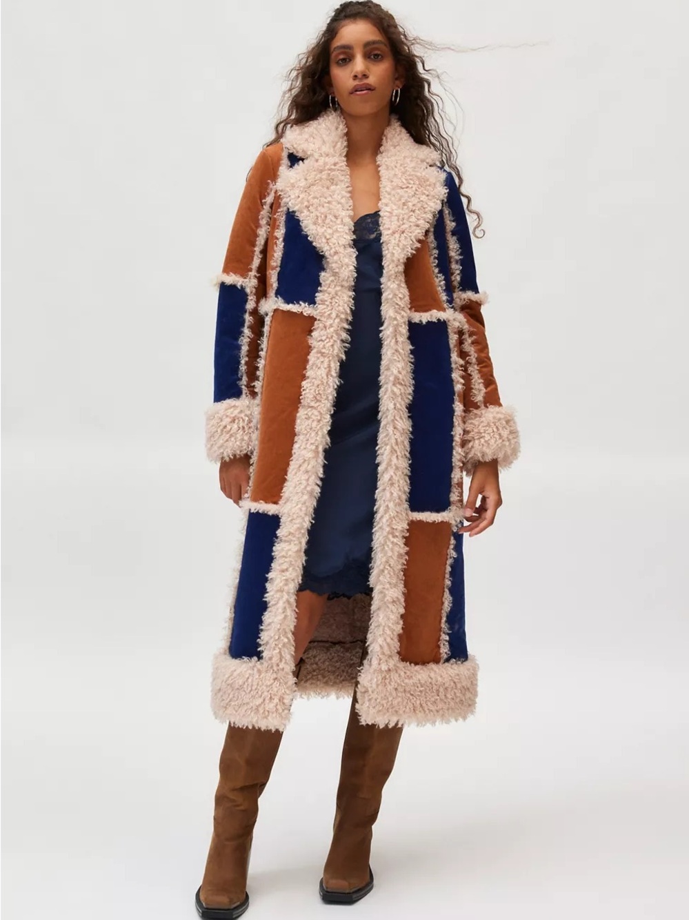 Kimchi Blue Ember Patchwork Faux Fur Coat Navy Rust S